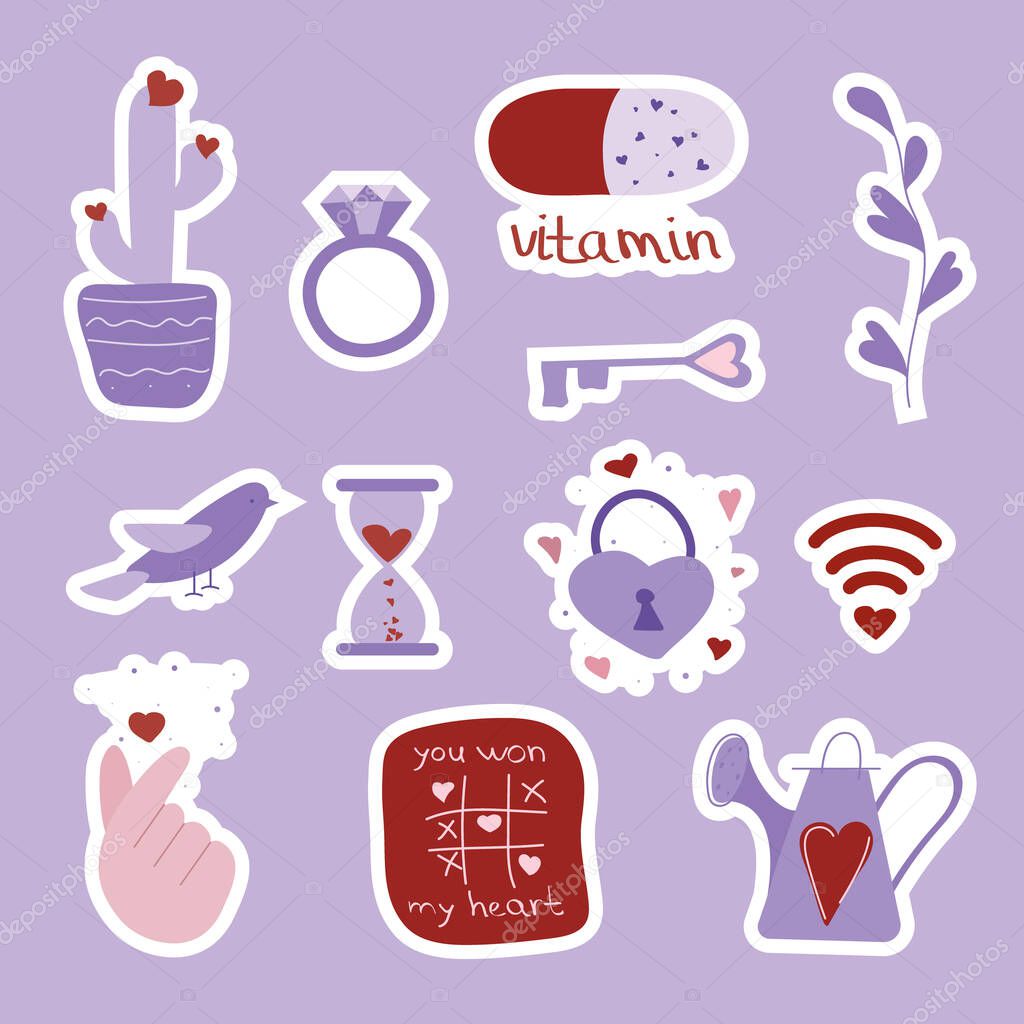 Valentines day set of stickers with cactus, plant, diamond ring, key, lock, hourglass, watering can, wi-fi and dove. Vector illustration for february 14 gift card Very Peri colors