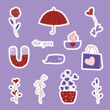 Valentines day set of stickers with umbrella, gift, magnet, scented candle and floral. Vector illustration for february 14 gift card Very Peri colors