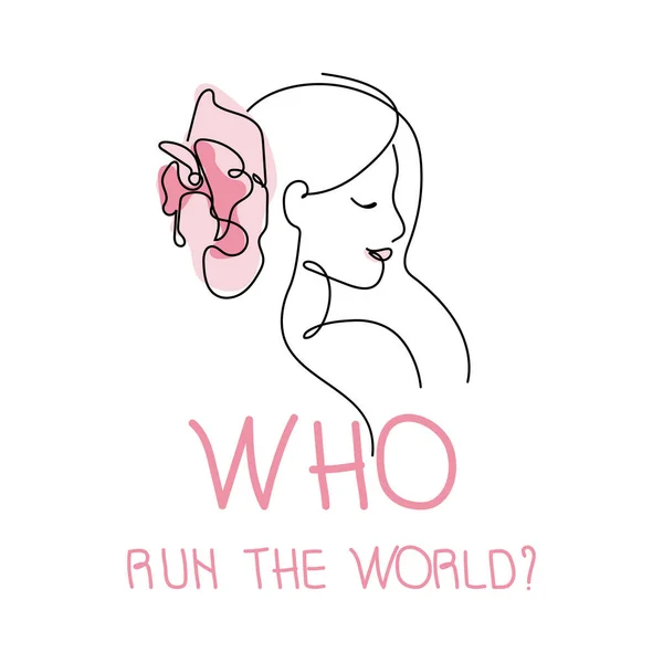 Girl power, woman with flower and lettering quote who run the world. united. Feminist female vector in one line art for International Women day