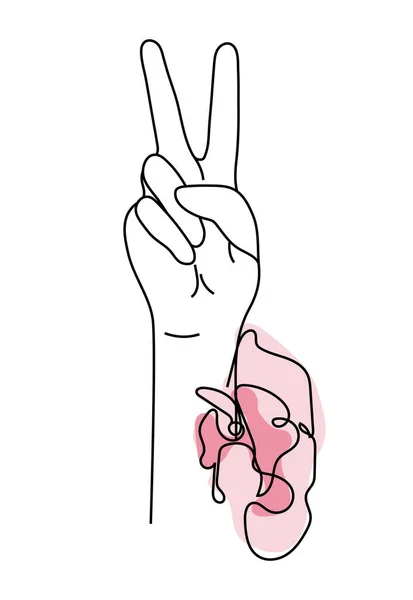 Victory v salute or peace hand sign. Women freedom and unite. Vector girl power feminist fist in one line art for International Women day — Stock Vector