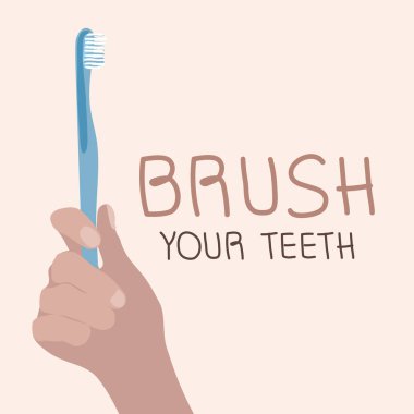 Banyo posteri için dişlerini fırçala, el ve diş fırçasıyla harfleri imzala. Ağzını koru ve temizle. Düz tasarım illüstrasyon tarzında vektör sanatı