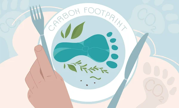 Carbon footprint concept met mensen die vlees eten en een vervuilde wereld. Wereldwijd probleem met grote CO2-emissies. Vector groene politiek illustratie in platte design stijl kunst. — Stockvector