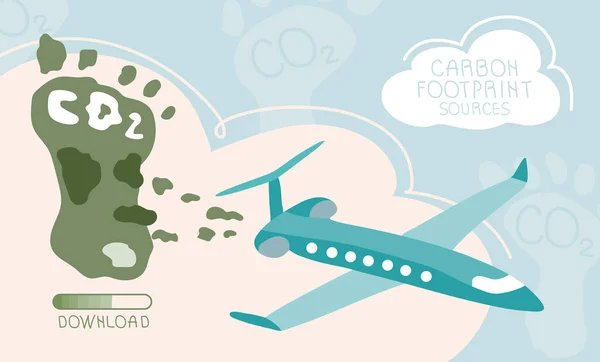 Carbon footprint concept met vliegtuigbronnen vervuilde de wereld. Wereldwijd probleem met grote CO2-emissies. Vector groene politiek illustratie in platte design stijl kunst — Stockvector
