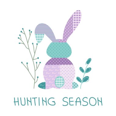 Tavşanlı veya tavşanlı Paskalya vektör illüstrasyonunuz kutlu olsun, kompozisyon çiçekleri, ve pastel tartan desenli düz harf, POP ArT tarzı..