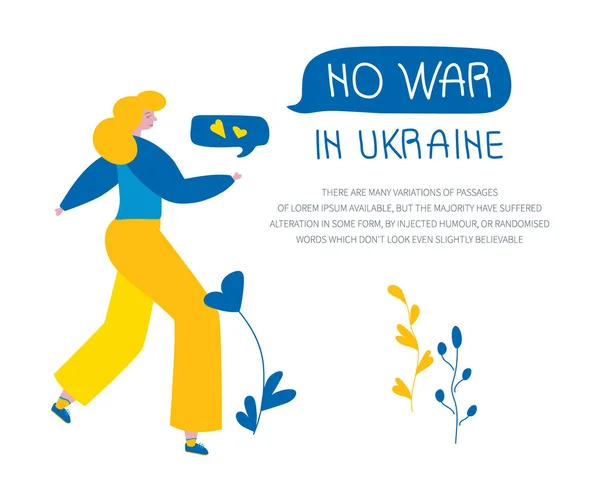 Vektor s dívkou, ukrajinská vlajka a zpráva NO WAR in UKRAINE. Globální politika ilustrace ve stylu plochého designu — Stockový vektor