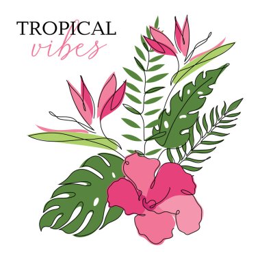 Egzotik büyük canavar yapraklarından oluşan tropik bir kompozisyon. Kırık yaprak, Hawaii çiçeği, Strelitzia. Taslak vektör illüstrasyonu Biyofili, bir satır çizilmiş bir sanat tarzında düğün davetiyesi için kullanılabilir.