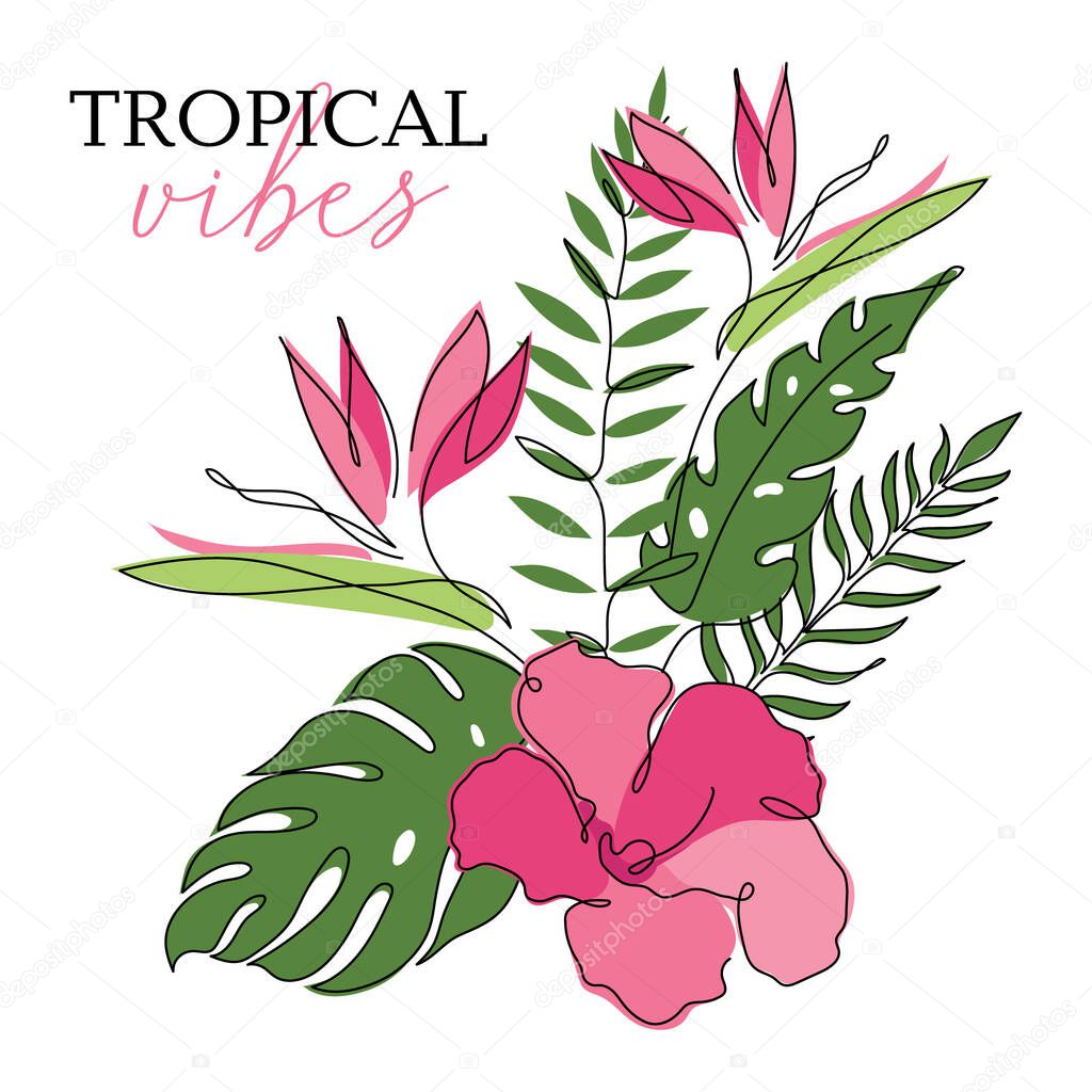 Tropical composition of exotic big monstera leaves, split leaf, hawaii flower, Strelitzia. Outline vector illustration Biophilia can be use to wedding invitation in hand drawn one line art style.