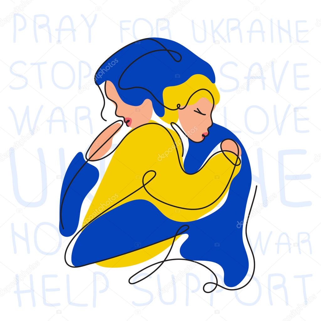 Vector illustration mother care child with lettering phrases STOP WAR in UKRAINE, LOVE, SAVE, HELP and pray. Global politics problem in continuous line art style