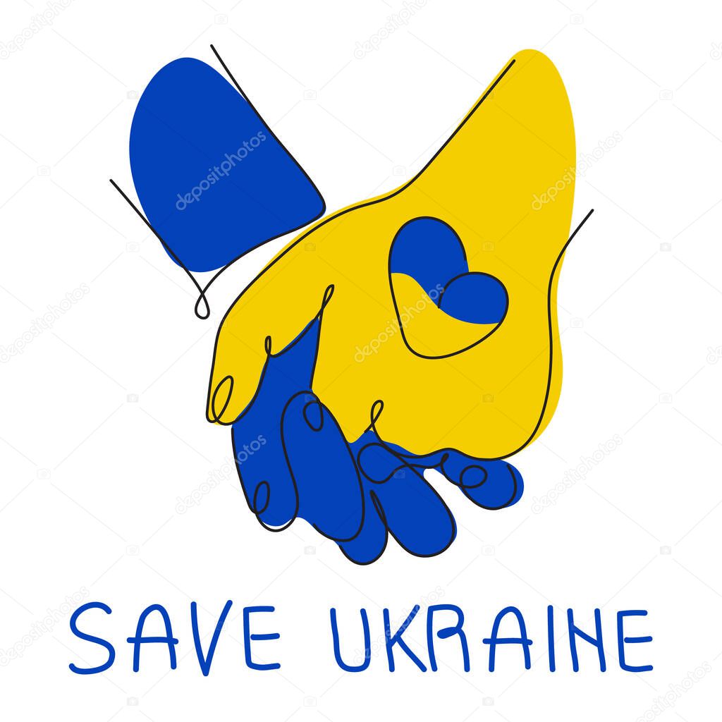 Vector illustration with hand sign, handshake with lettering phrases SAVE UKRAINE. Global politics, NO WAR, aggression problem picture in continuous line art style