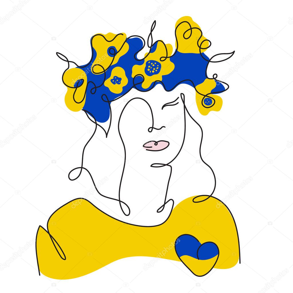 Vector illustration with Ukrainian girl in nationality wreath and sign Ukrainian flag heart. Global politics, NO WAR, aggression problem picture in continuous line art style