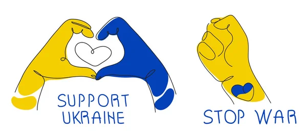 Векторний набір ілюстрацій з ручними знаками і написом STOP WAR, підтримка UKRAINE. Глобальна політика, НЕ ВІЙНА, агресія картина в стилі безперервного рядкового мистецтва — стоковий вектор