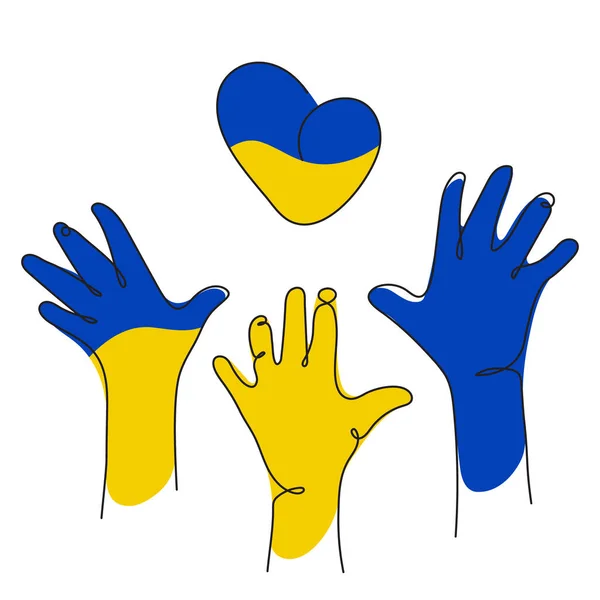 Vektorové ilustrace s rukama a srdcem v ukrajinské vlajce. Globální politika, NO WAR, agresivní problém obraz v kontinuálním stylu — Stockový vektor