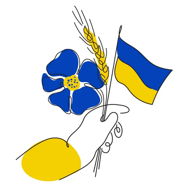 Vektorové ilustrace s rukou udržet Ukrajina tradice květiny, mák, pšenice a ukrajinská vlajka. Globální politika, NO WAR, agresivní problém obraz v kontinuálním stylu — Stockový vektor