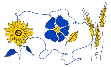 Ukrayna 'nın geleneksel çiçeği, buğday, haşhaş, çiçek ve Ukrayna haritasında ayçiçeği. Vektör illüstrasyon küresel siyaset, HAVA SAVAŞ, saldırganlık sorunu resim aralıksız çizgi sanatı tarzı