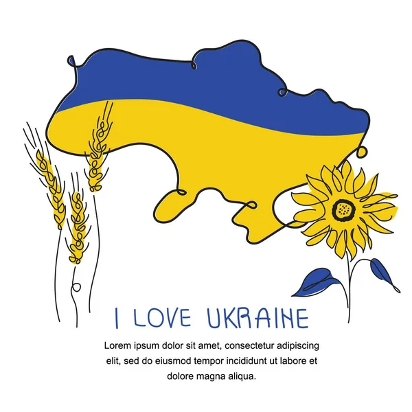 Vektorová ilustrační mapa Ukrajiny v ukrajinské vlajce s tradičním květem a nápisem I LOVE UKRAINE. Vektorové ilustrace globální politika, NO WAR, agrese problém obraz v souvislé čáře umění — Stockový vektor