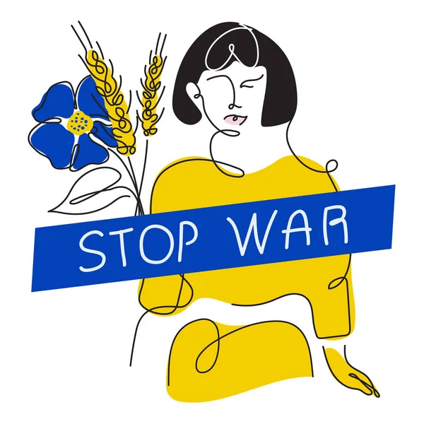 与乌克兰裔女孩的矢量插图，乌克兰国旗的颜色和字母STOP WAR 。全球政治，NO WAR，连续线条艺术风格中的侵略问题图片 — 图库矢量图片