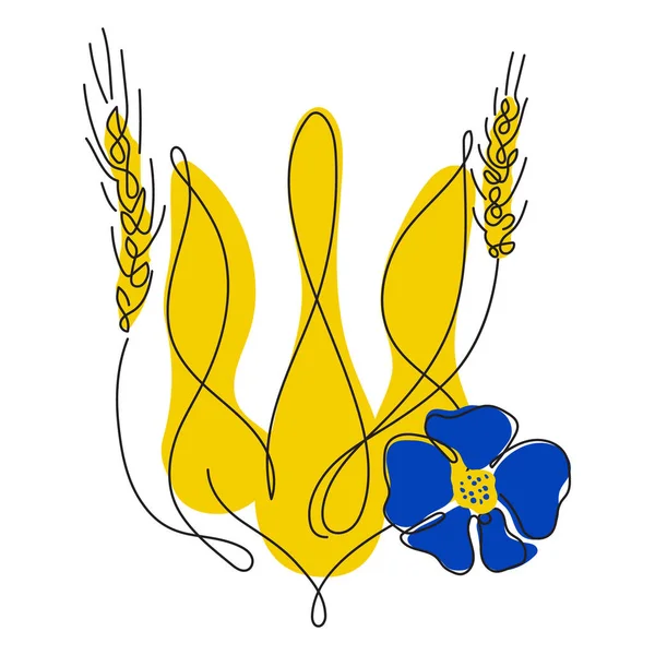 Ukraine coat of arms with wheat and cornflowe in nationality Ukrainian flag color. The vector illustration global politics, NO WAR, aggression problem picture in continuous line art style — 스톡 벡터