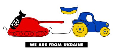 Rus tankı taşıyan Ukrayna bayrağı renklerinde traktörle vektör ilüstrasyonu ve NO RU ifadesi, biz UKRAINE 'danız. Vektör illüstrasyon küresel politika, HAYIR, saldırganlık