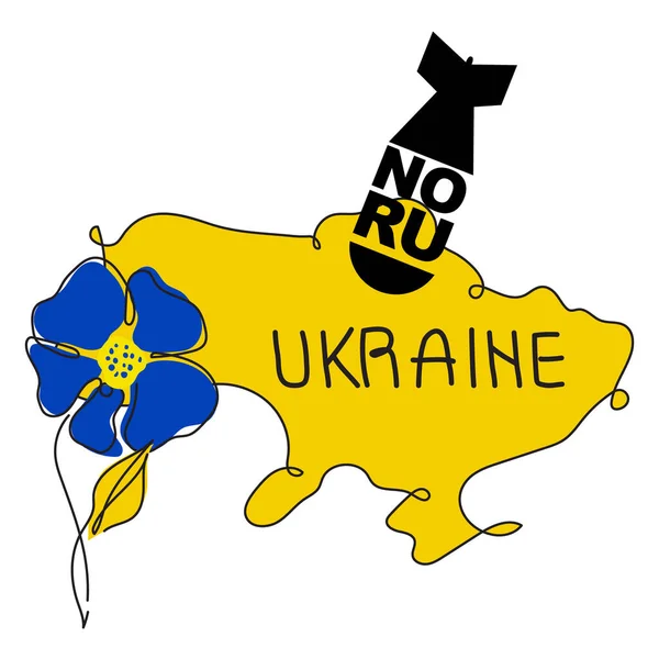 Map of Ukraine with flower and Russian or RF bombs NO RU. Vector illustration in tradition Ukrainian flag colors are global politics, NO WAR, aggression problem picture in one line art style — Stockový vektor