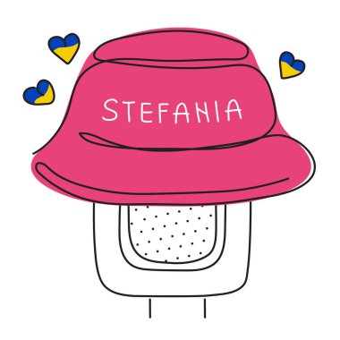 Pink bucket hat on award music microphone and lettering Stefania. Global politics, NO WAR, aggression problem picture in one line art style