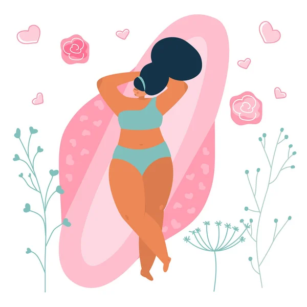 Ilustraciones vectoriales con chicas jóvenes cuerpo positivo se encuentra en almohadillas menstruales higiénicas. El ciclo menstrual, el PMS y la sangre es NORMAL — Archivo Imágenes Vectoriales