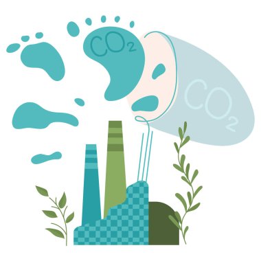 Bu, fabrikanın CO2 ürettiği ve kepçe ağ karbon ayak izi yakaladığı bir vektör tasarımı konseptidir. Bu, el çizimi sanatıyla çizilmiş bir resim. Vektör illüstrasyon yeşil politika, Büyük