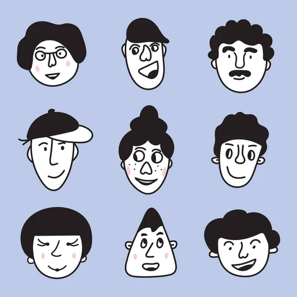 Tratta Insieme Vettoriale Disegnato Mano Teste Diversi Personaggi Avatar Ritratto — Vettoriale Stock