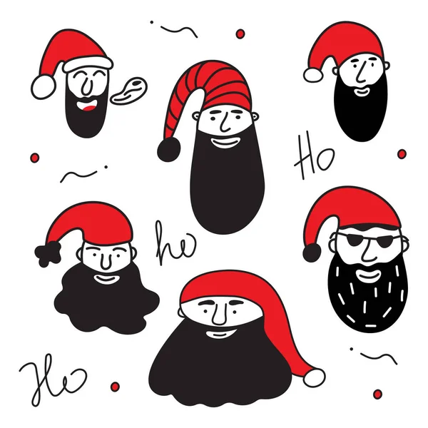 Vector Merry Christmas Set Hand Drawn Heads Different Santa Claus — Vetor de Stock