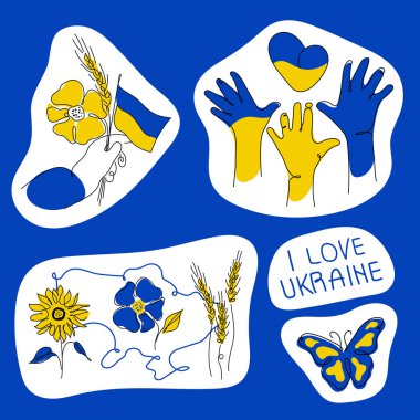This is vector set of patriotic stickers of Ukrainian illustration with heands and heart, butterfly, map, poppy, wheat and phrase I LOVE UKRAIN in tradition colors. This is illustration global