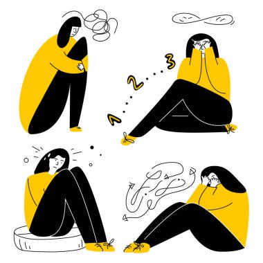 This is Set of persons has PTSD, OCD symptoms intrusive thoughts, fear, neurosis and panic attack. Vector illustration with girl syndrome obsessive compulsive disordeyr or post traumatic stress was made in hand drawing style art.