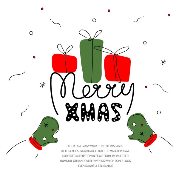Este Vector Feliz Navidad Postal Con Lindos Mitones Regalos Comillas — Archivo Imágenes Vectoriales