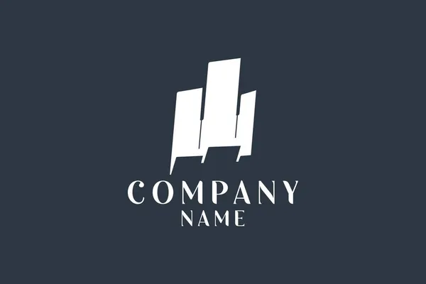 Piyano tuşlarıyla harmanlanmış bir bina logosu konseptinin vektör çizimi. Piyano şirketi logosu, piyano müzik etiketi, orkestra, piyano satış mağazası vs. için elverişli
