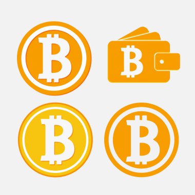 Bitcoin kripto para birimi logosunun vektör çizimi ve bitcoin cüzdan vektör grafikleri. Uygulama simgeleri, reklam süslemeleri vs. için mükemmel.