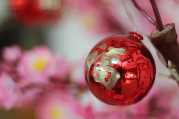 Fleurs Cerisier Rose Avec Des Ornements Chinois Sur Fond Café — Photo