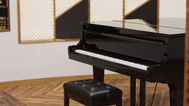 Klasik bir piyanosu olan bir salon odası.