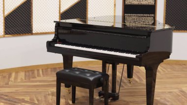 Klasik bir piyanosu olan bir salon odası.