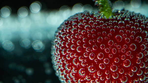 Fresh Ripe Red Cherry Bubbles Black Background — стоковое фото
