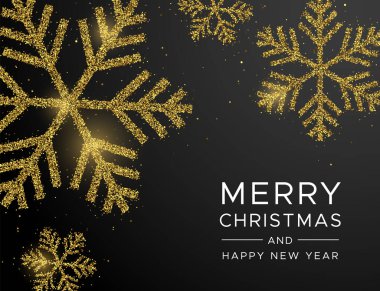 Siyah arka planda gerçekçi altın parıltılı kar tanelerinin Noel tebrik kartı çizimi. Lüks tatil davetiyesi ya da yeni yıl ve xmas için kartpostal. 