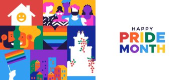 Haziran 'daki lgbt hakları ya da sosyal sorunlar etkinliği için Mutlu Onur Ayı afişi. Renkli mozaik illüstrasyonunda eşcinsel çiftler, çeşitli insanlar ve daha fazlası yer alıyor.
