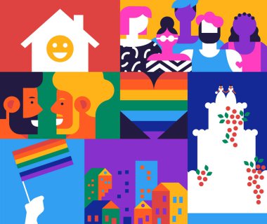 Eşcinsel hakları veya sosyal konular için Lgbt illüstrasyon konsepti. Renkli mozaik illüstrasyonunda aynı cinsiyet çiftleri, farklı insan grupları ve daha fazlası yer alıyor..
