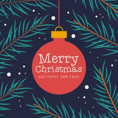 Noel tebrik kartı illüstrasyonunuz kutlu olsun. Çam ağacından sarkan Xmas süslemeli karikatür. Şenlikli kış sezonu tasarımı.