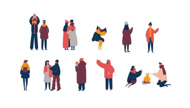 Kış kıyafetleri içinde çeşitli insanlar. Sevgililer Günü tatili için izole arka planda romantik aktiviteler yapan düz çizgi film karakterleri koleksiyonu. LGBT çiftleri ve aileleri içerir.