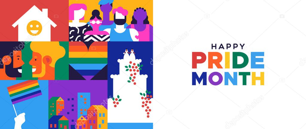 Happy Pride month banner for lgbt rights or social issues event in june. Colorful  mosaic illustration includes gay couple, diverse people group and more.