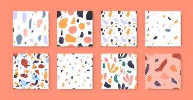 Soyut mozaik taş şekilli çeşitli renklerde Terrazzo kusursuz desen koleksiyonu. Modern terrazo minimalist sanat arka planı baskı, moda veya moda tasarım projesi için ideal.
