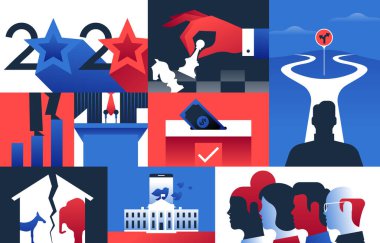 Özel başkanlık etkinliği için 2020 politik illüstrasyon. Modern düz tasarım arka planı çeşitli siyasi kampanya fikirleri ve sosyal kavramları içerir. 