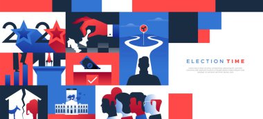 2020 Amerika Birleşik Devletleri siyaset web sitesi, özel başkanlık etkinliği için fotokopi uzayıyla illüstrasyon çizer. Modern düz tasarım arka planında çeşitli siyasi kampanya ve sosyal kavramlar yer almaktadır.. 