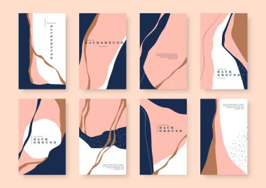 Modern soyut sanat arka plan seti. Moda tasarımı projesi için minimalist moda şablonu koleksiyonu, elde çizilmiş kadın pembe renk dekorasyonu.