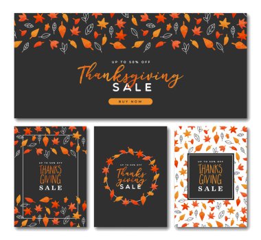 Şükran Günü tatil şablonu özel sonbahar iş tanıtımı ya da sonbahar indirimi için koleksiyon. El çizimi suluboya yaprak arka planı.