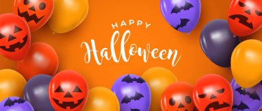 Gerçekçi 3 boyutlu komik balonların Cadılar Bayramı tebrik kartı illüstrasyonunuz kutlu olsun. Parti daveti ya da ürkütücü olay için Ekim olayı arkaplanı.