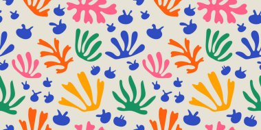 Soyut yaprak kesimi, kusursuz desenler oluşturur. Rengarenk el yazması arka plan tasarımını terk ediyor. Matisse dekorasyon duvar kağıdı, çocuksu doğa sembolleri.